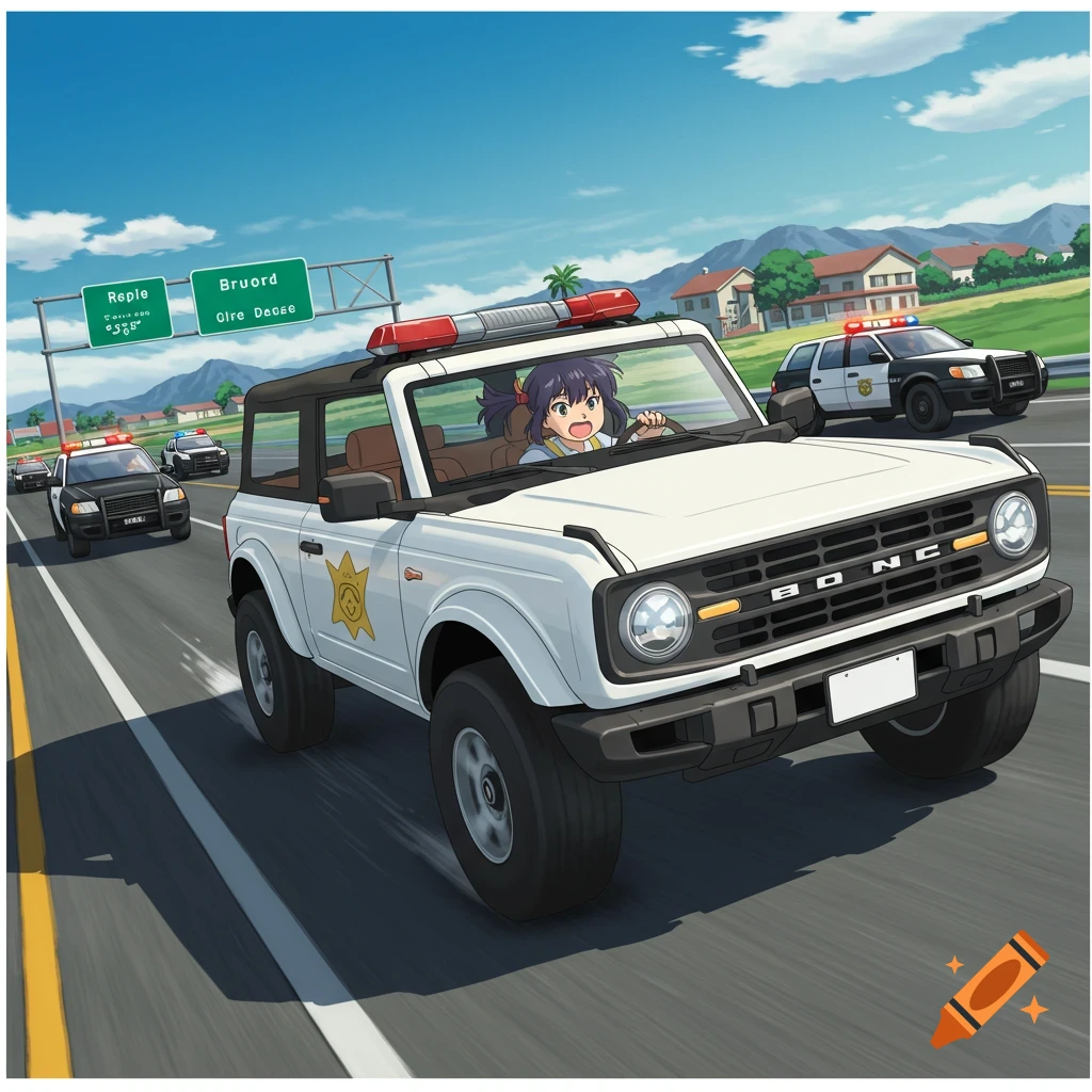 Anime girl drives a white Bronco chased by police cars on a highway.