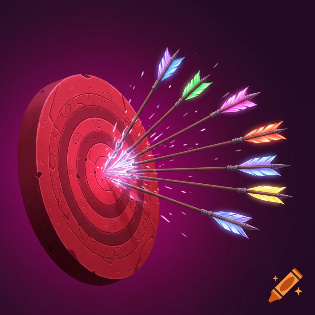 A red target hit by six arrows with glowing fletchings, sparking at the center.