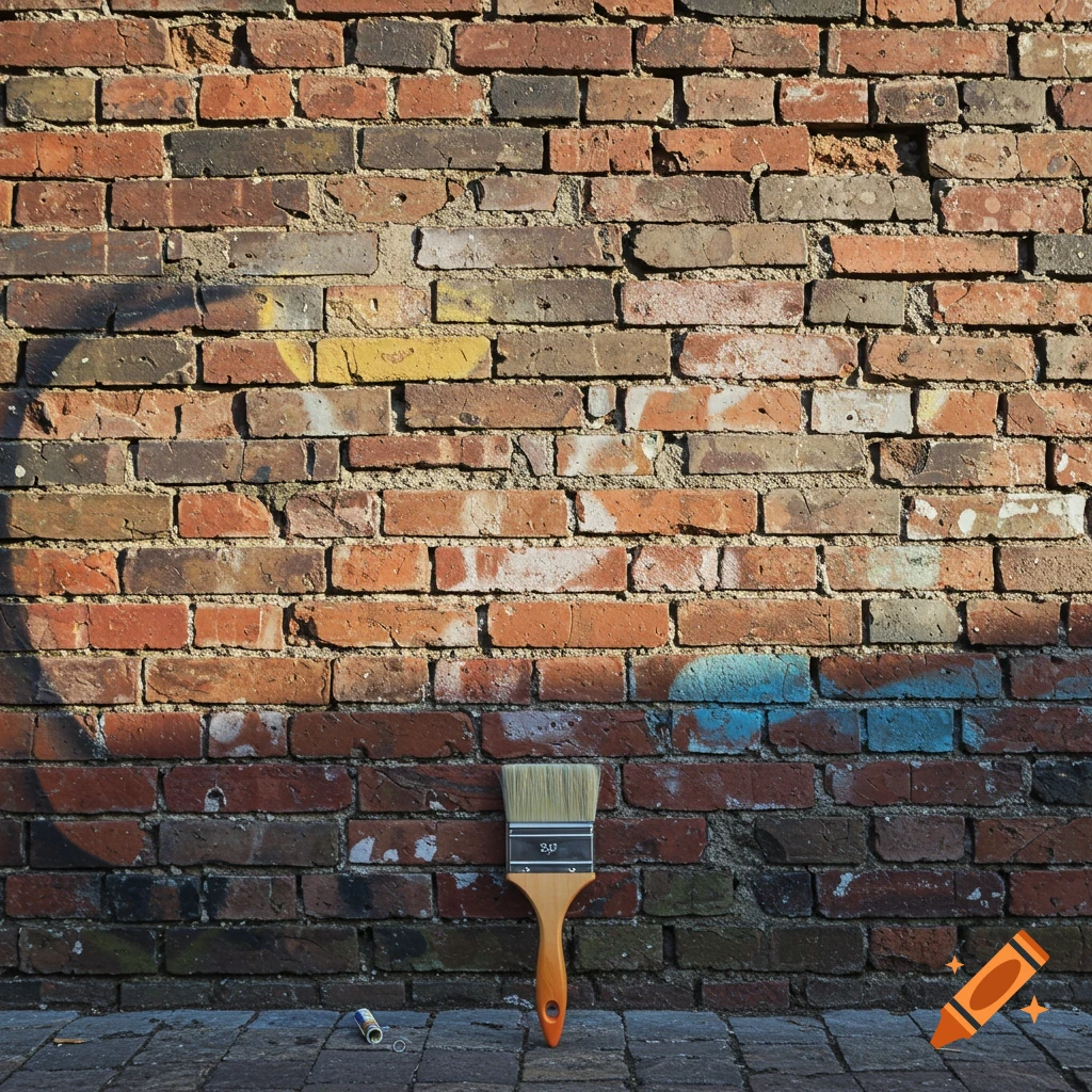A paintbrush stands upright against a weathered brick wall with small patches of yellow and blue paint.