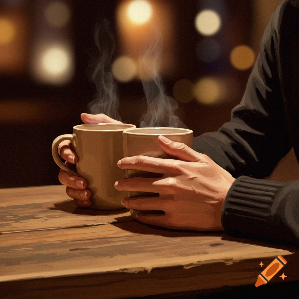 Hands holding steaming mugs on a wooden table