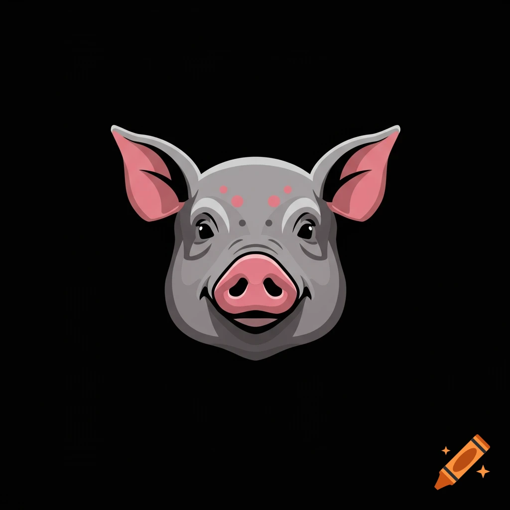 Stylized illustration of a pig head with pink ears and snout on a black background.