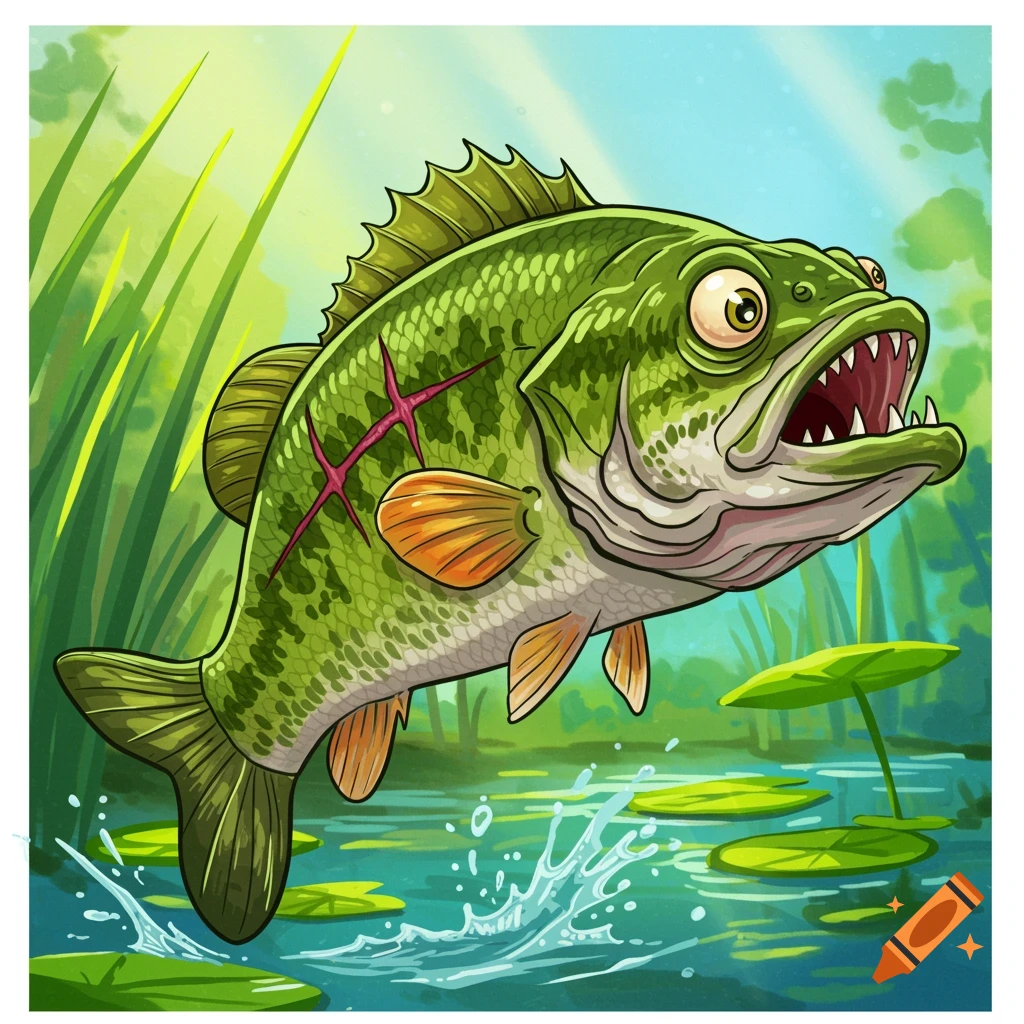 Cartoon illustration of a green largemouth bass leaping from water in a pond, showing a scar.