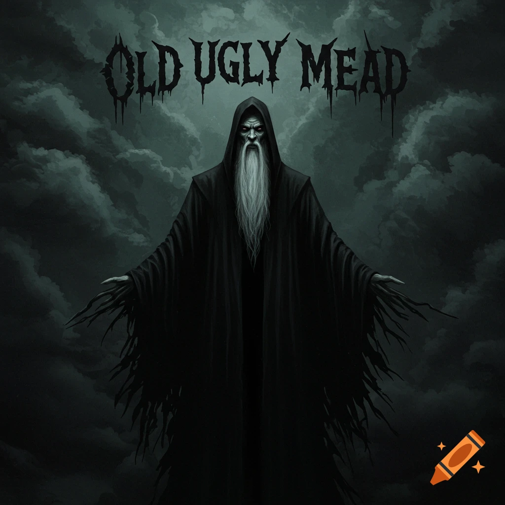 An ominous wizard in black robes with long beard under jagged text saying 'OLD UGLY MEAD' against a dark sky.