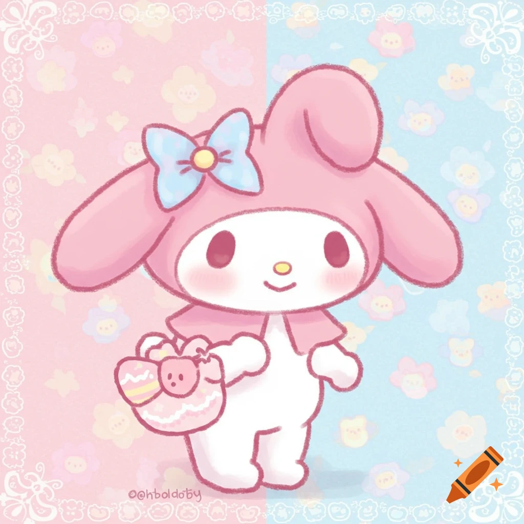 A cute image of My Melody holding a small bag against a pink and blue floral background.