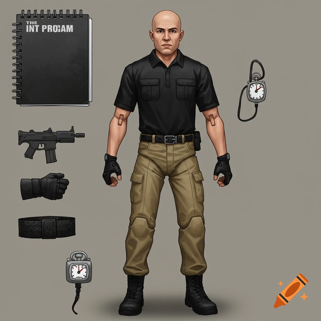 Bald male action figure in tactical gear with notebook and stopwatch.