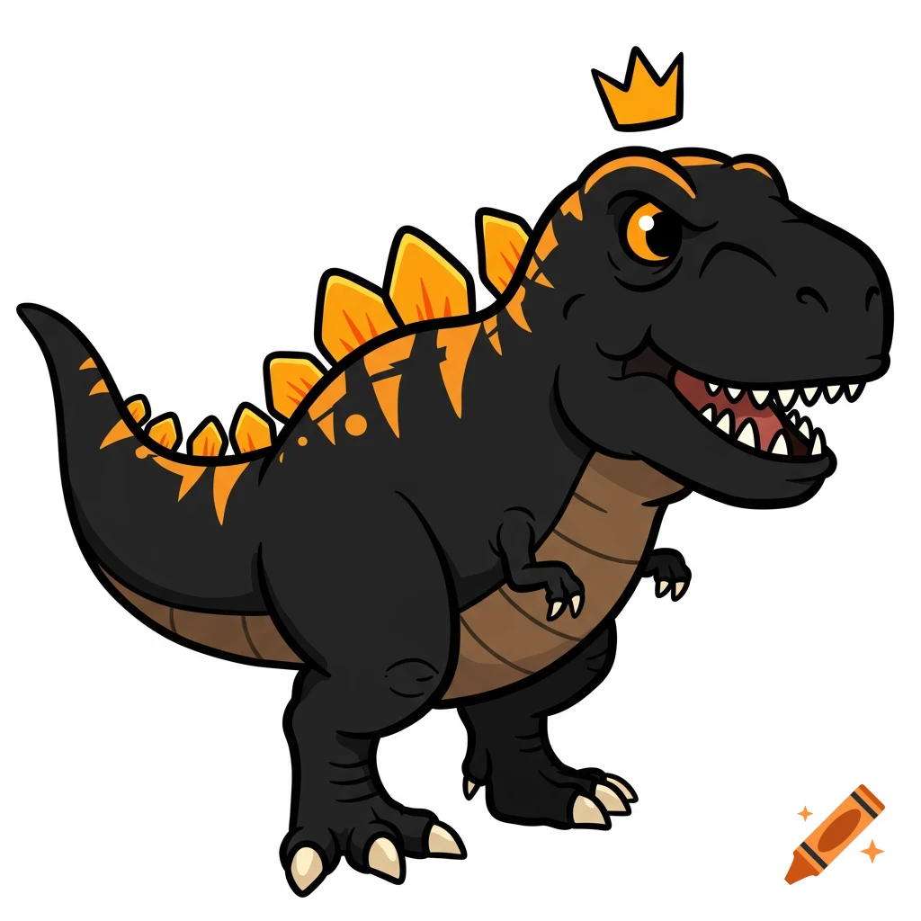 A cartoon black and orange dinosaur with spikes, wearing a crown, and winking.