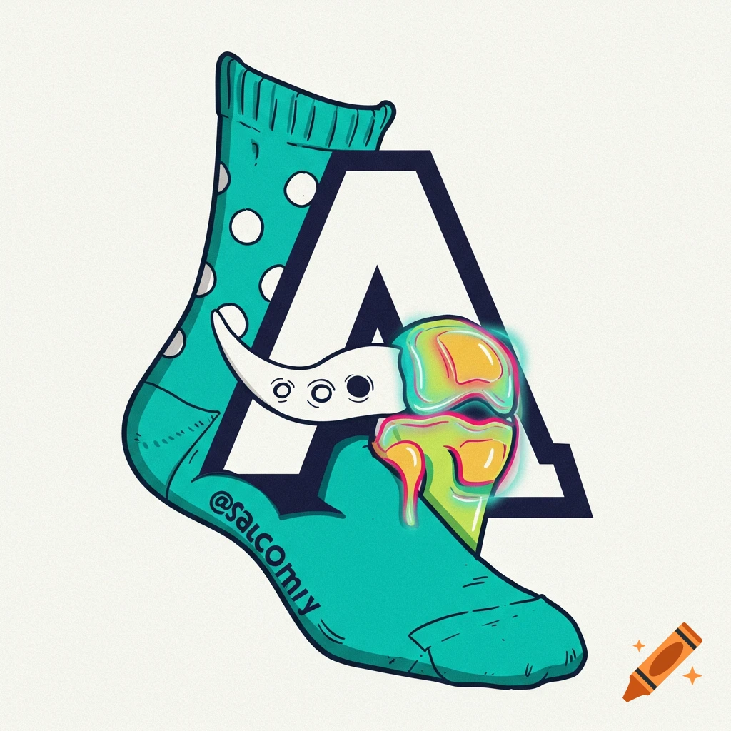A teal sock with polka dots, a black letter A outline, and a stylized colorful kneecap. Text on the sock reads "@salcomiy".
