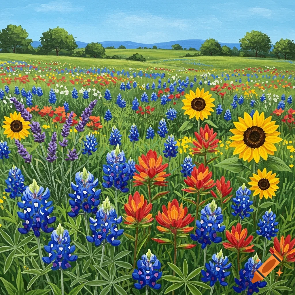 Illustration of a field of colorful wildflowers including bluebonnets, sunflowers, and red flowers.