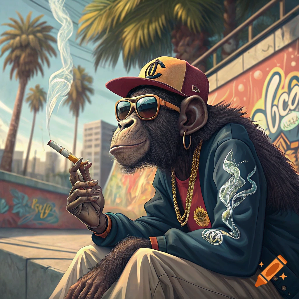 Stylized portrait of an anthropomorphic monkey wearing sunglasses, a baseball cap, gold chains, and a jacket, sitting in an urban setting with graffiti and palm trees while smoking a cigarette.