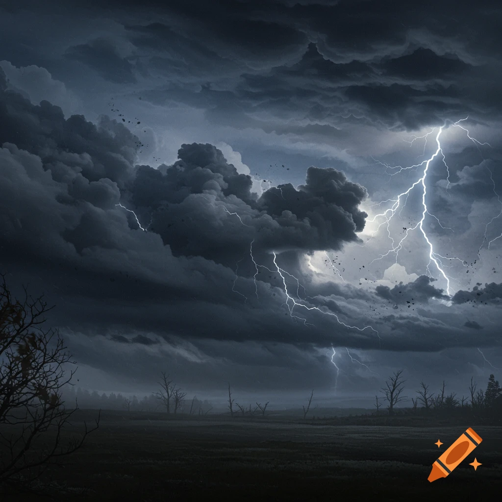 A stormy landscape with dark clouds, lightning, and bare trees.