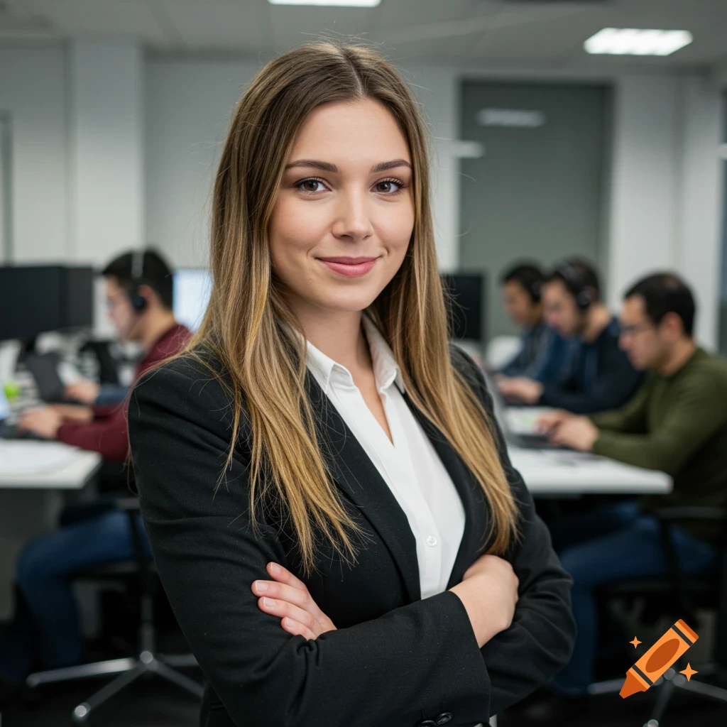 Smiling professional woman in an office with people working in the background
