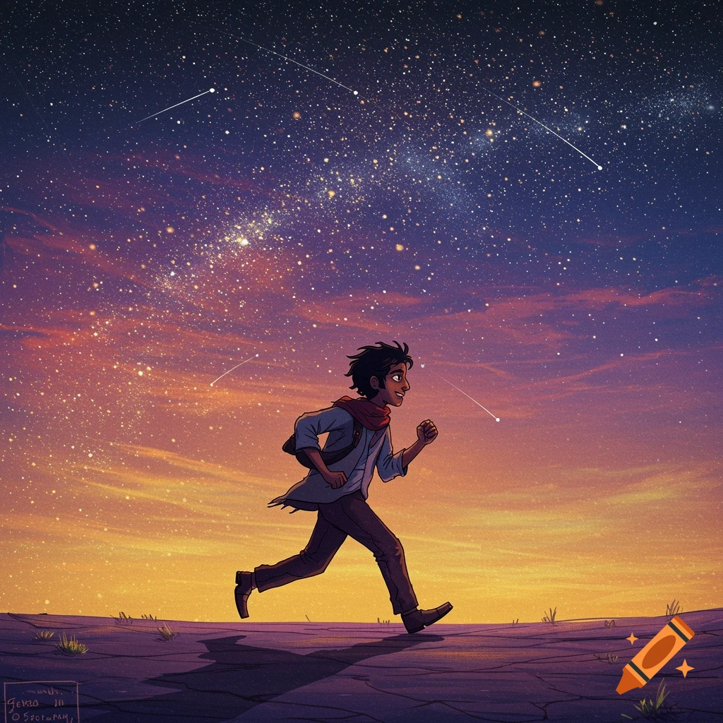 Digital illustration of a boy running under a colorful sky filled with bright stars and shooting stars.