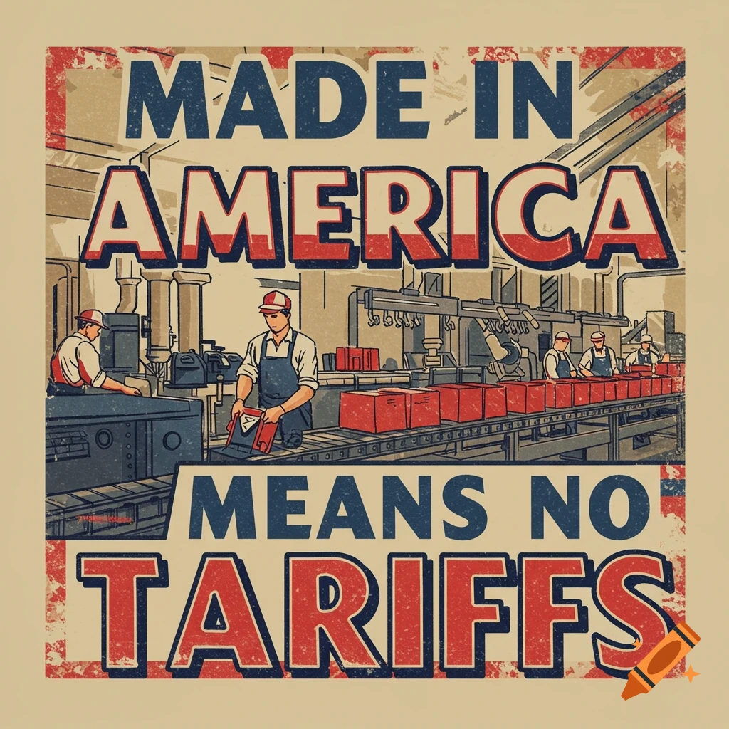 Vintage-style illustration of workers in a factory with text "Made in America Means No Tariffs".
