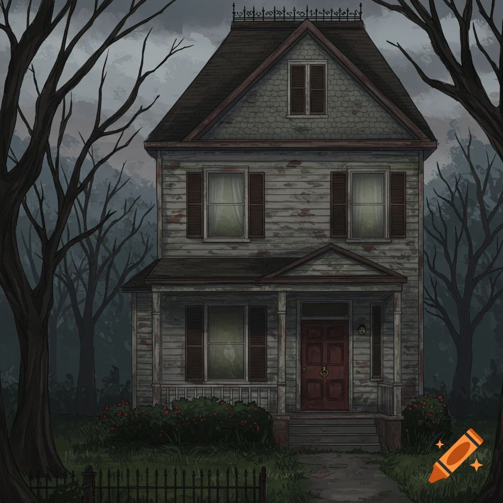 A spooky, abandoned house at night with bare trees and a ghost in a window.