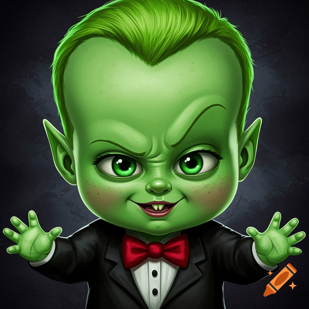 A cartoon illustration of a green baby villain in a suit and red bow tie, raising its hands.