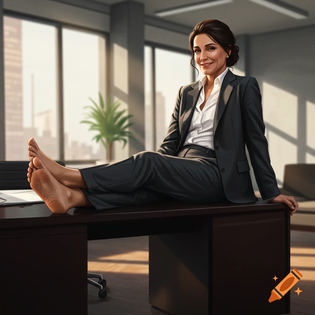 A woman in a suit with bare feet on a desk in an office.