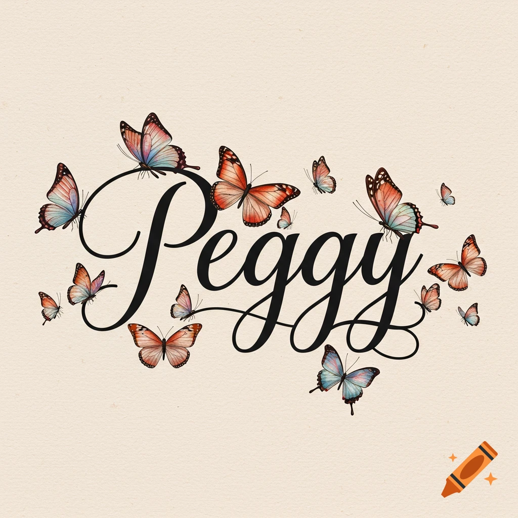 The name 'Peggy' written in elegant script surrounded by watercolor butterflies.