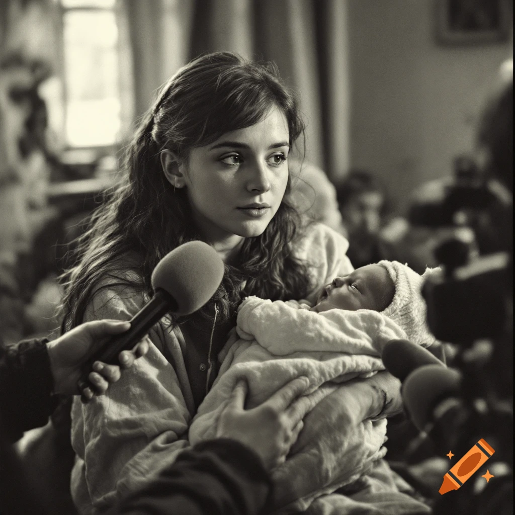 Grayscale photo of a woman holding a baby during an interview with microphones.