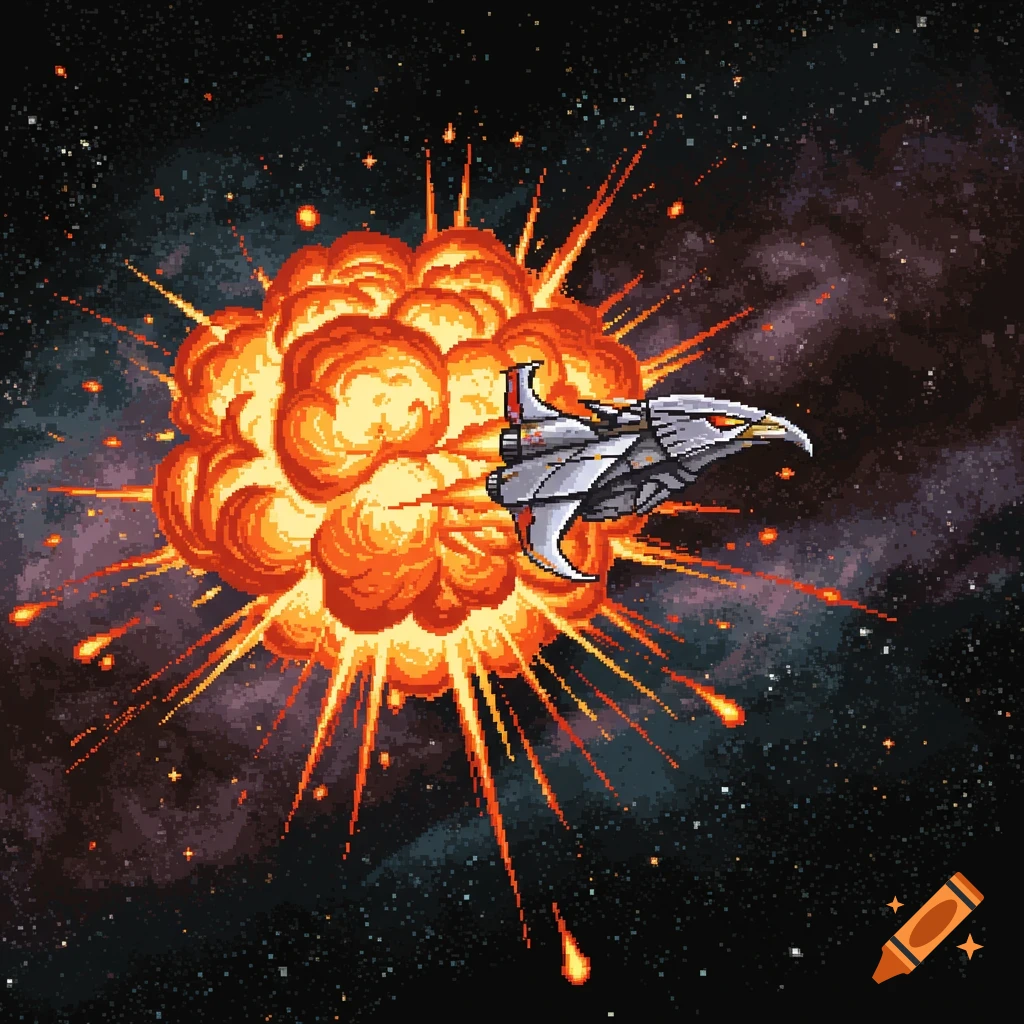 Pixel art of a silver hawk spaceship flying from a large orange explosion in space.