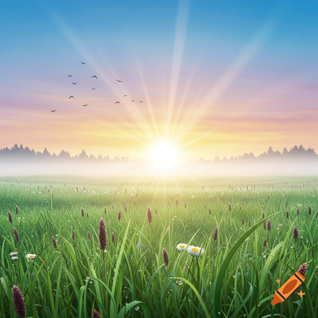 A sunrise over a foggy field with tall grass, flowers, and birds flying.