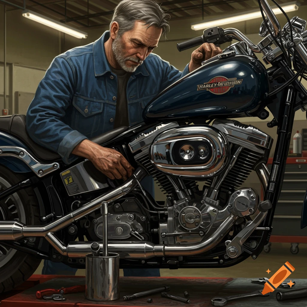 A mechanic working on a motorcycle in a garage.