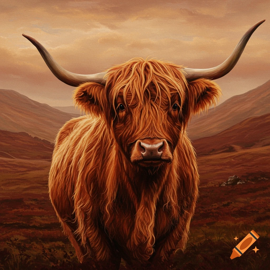 A shaggy Highland cow standing in a mountainous landscape.