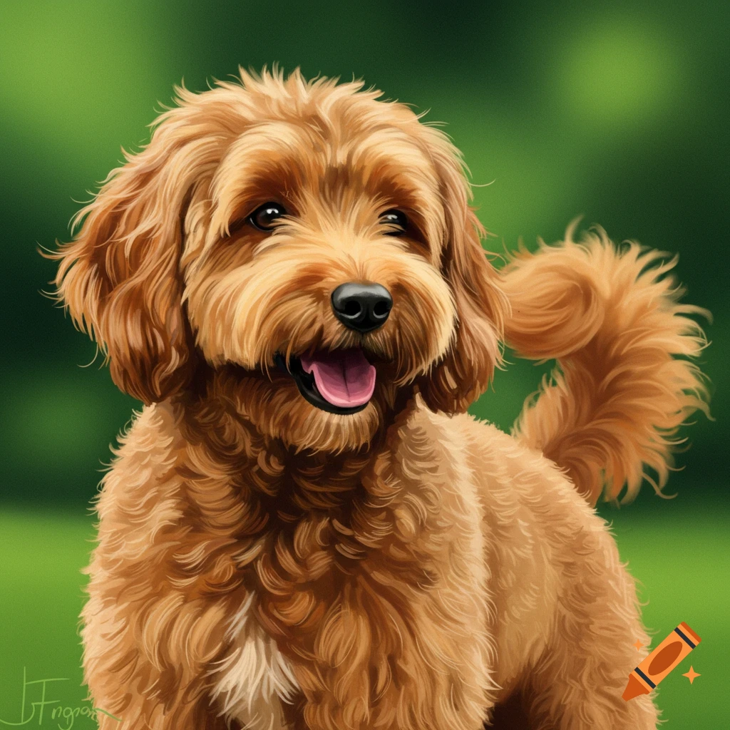 A fluffy brown Goldendoodle smiles against a green background.