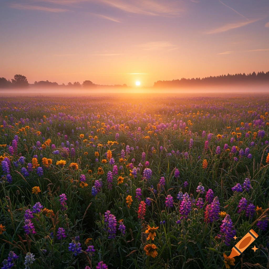 Vast field of colorful wildflowers under a misty sunrise sky.