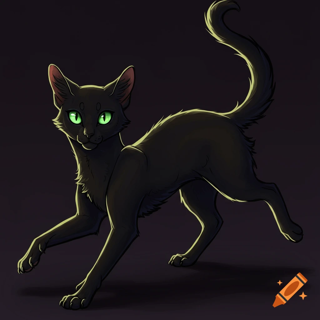 A black cat with green eyes.