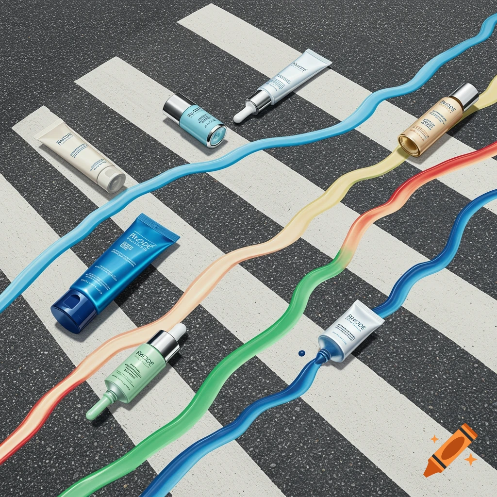 Rhode cosmetic products and colorful liquid trails on a crosswalk.