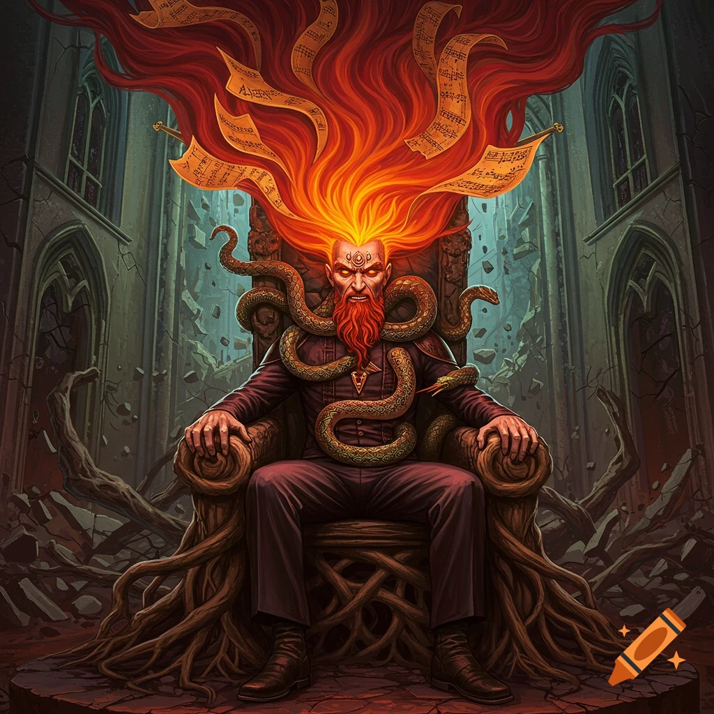 A demonic figure with fiery hair and snakes, sitting on a throne in ruins.