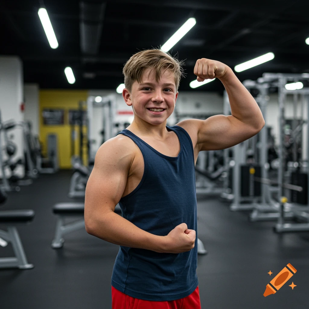 A young bodybuilder flexing in a gym.