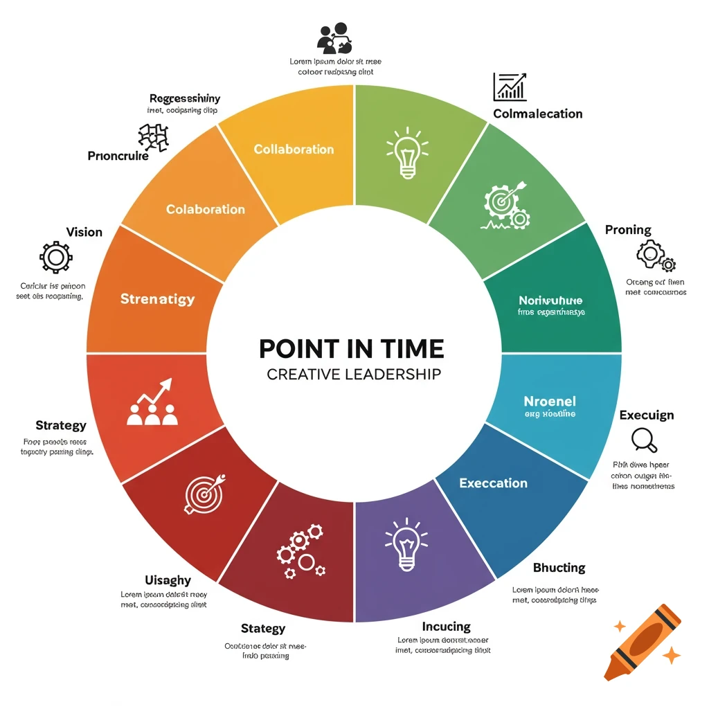 A circular diagram or wheel with colored segments and icons, labeled 'Point In Time Creative Leadership' in the center, illustrating various concepts.