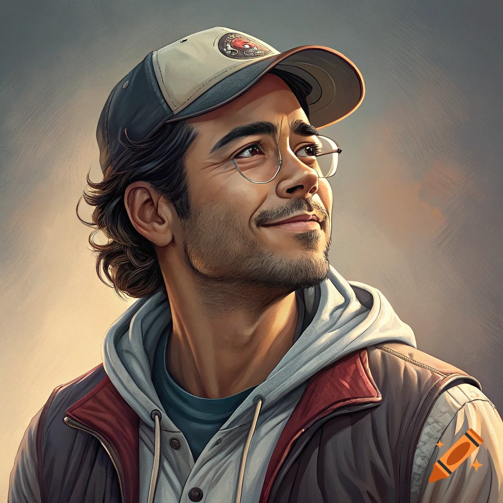 Illustration of a smiling man wearing a baseball cap and glasses