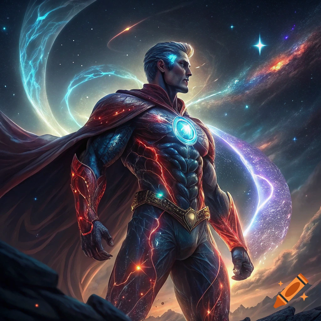Muscular superhero in suit and cape with cosmic background