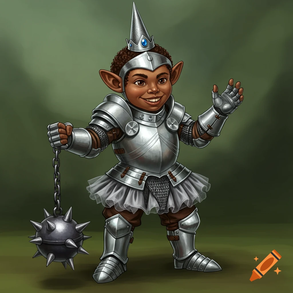 Illustration of a fantasy halfling character wearing silver armor, a tutu, and a princess hat, holding a spiked mace.