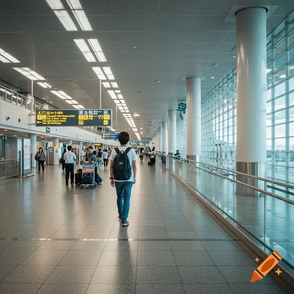 Person walking away in a large airport terminal