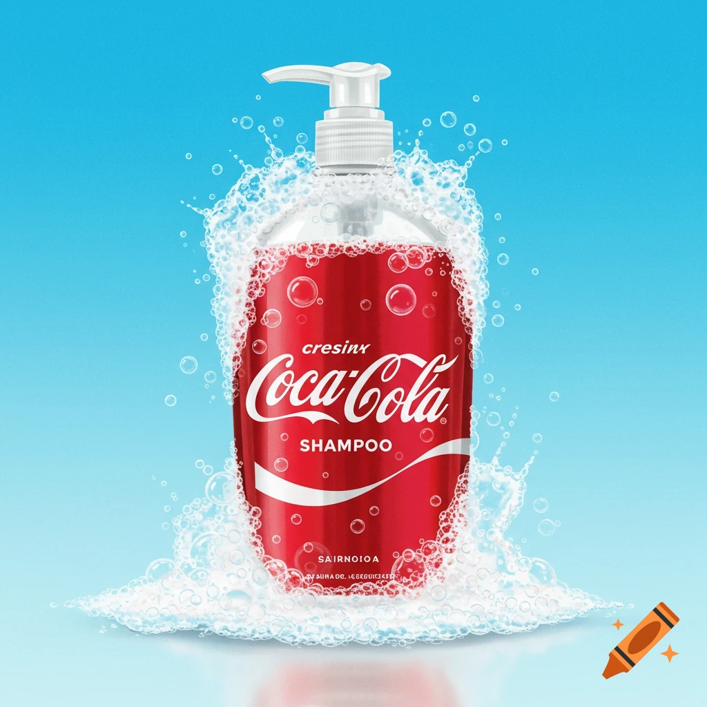 A shampoo bottle designed like a Coca-Cola can, surrounded by bubbles.