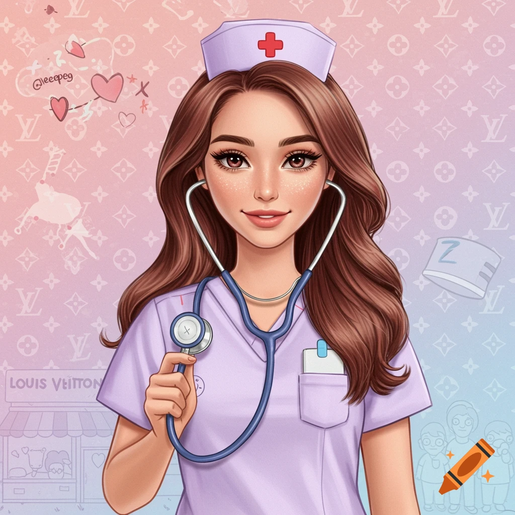 Woman nurse holding a stethoscope with a Louis Vuitton pattern background.