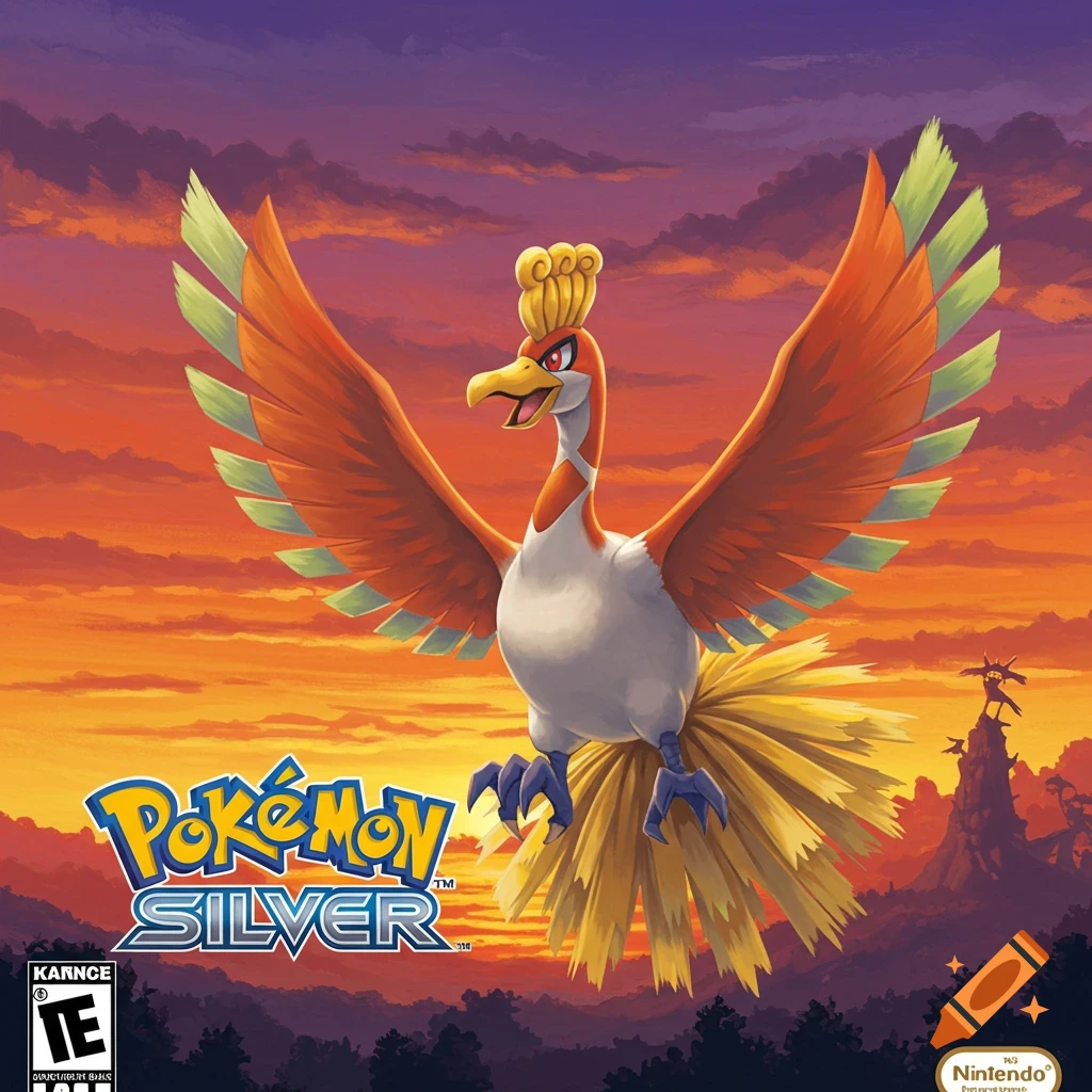 The legendary Pokémon Ho-Oh flies over mountains at sunset with the Pokémon Silver logo.