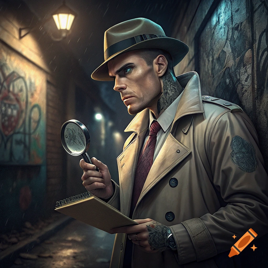 A detective in a trench coat and fedora holds a magnifying glass and notepad in a dark, rainy alley.