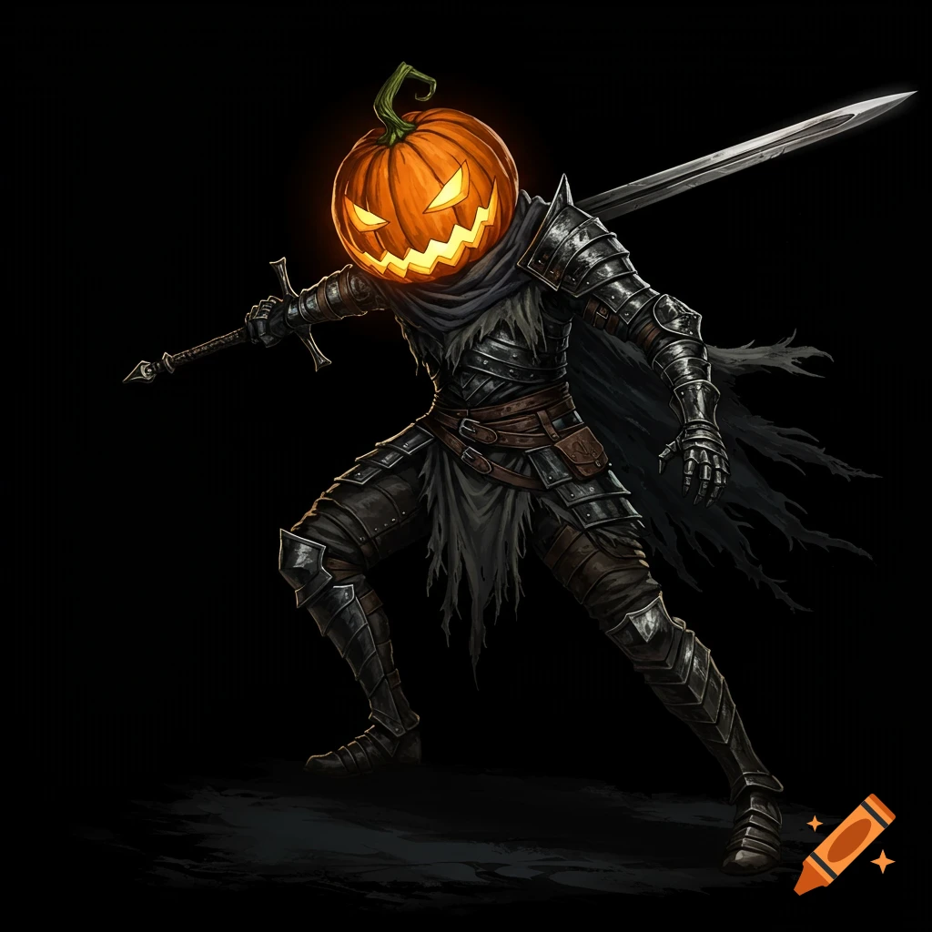 Fantasy character in dark armor with a glowing jack-o'-lantern head holding a sword.