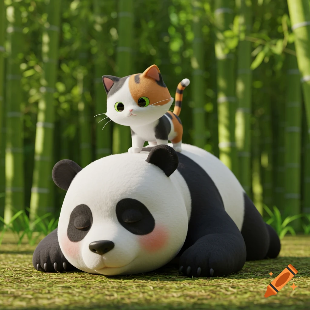 A cute calico cat sits on a sleeping panda in a bamboo forest, 3d Pixar style.