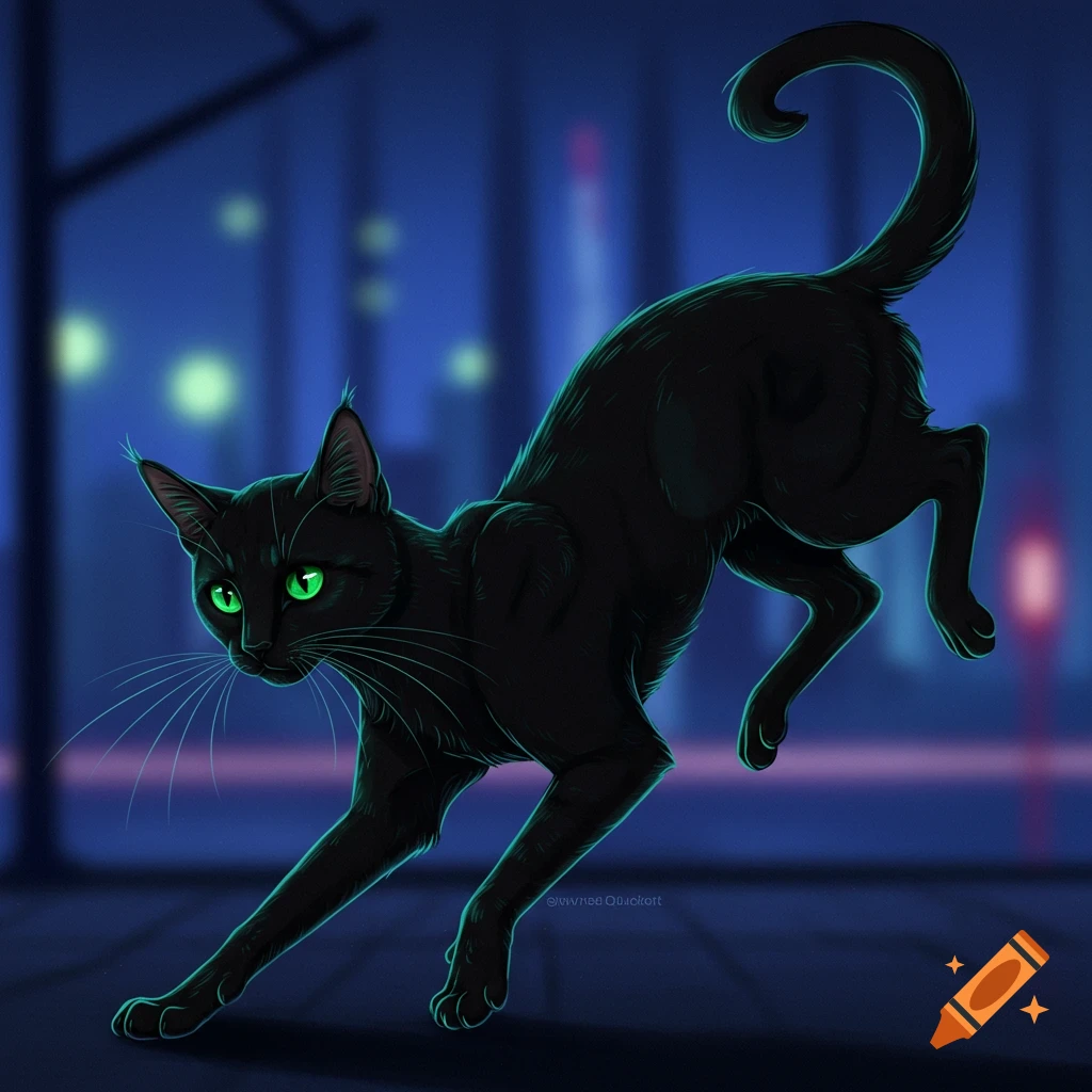 A black cat with bright green eyes stretching at night in a city.
