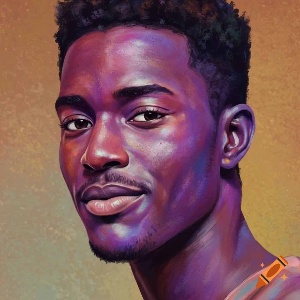 portrait of a man's face with vibrant purple and pink tones against a warm yellow background.