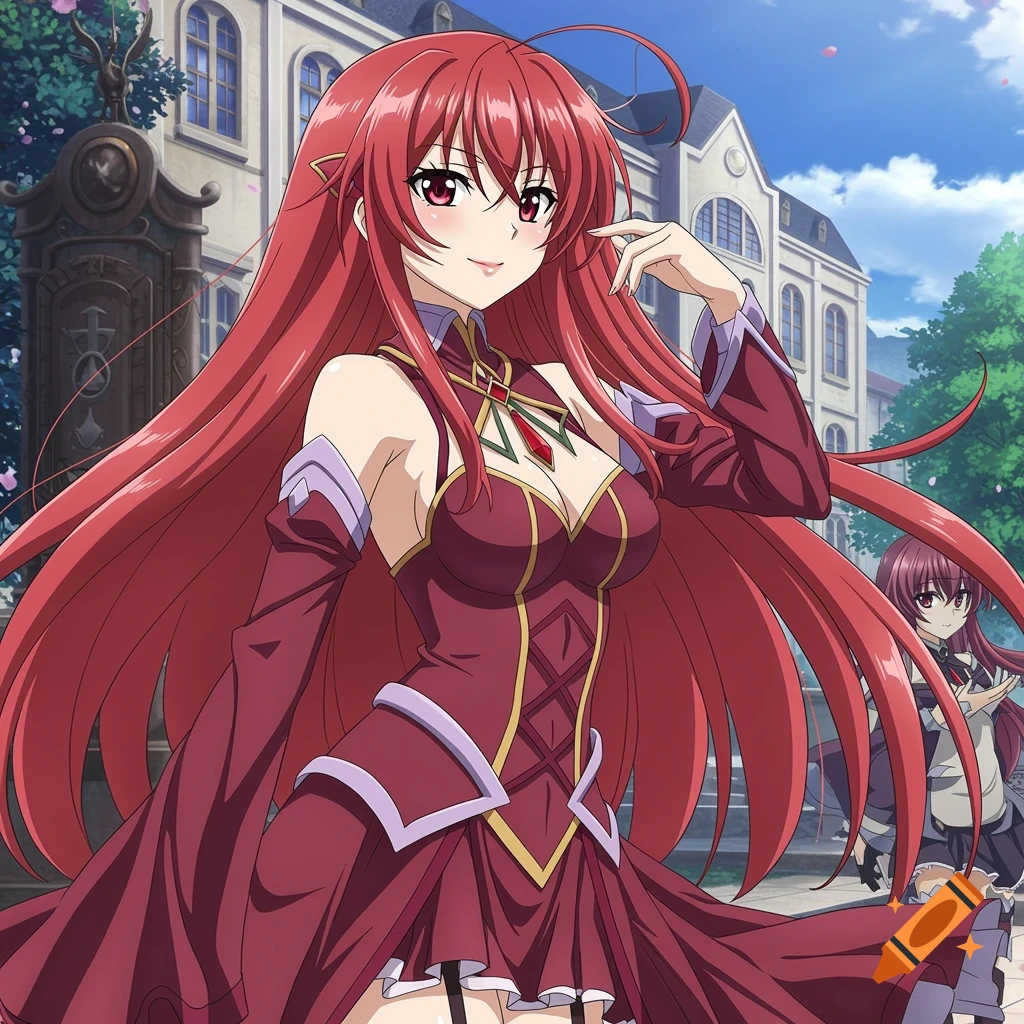 Anime illustration of Rias Gremory with long red hair and a crimson dress, standing in an outdoor school setting.