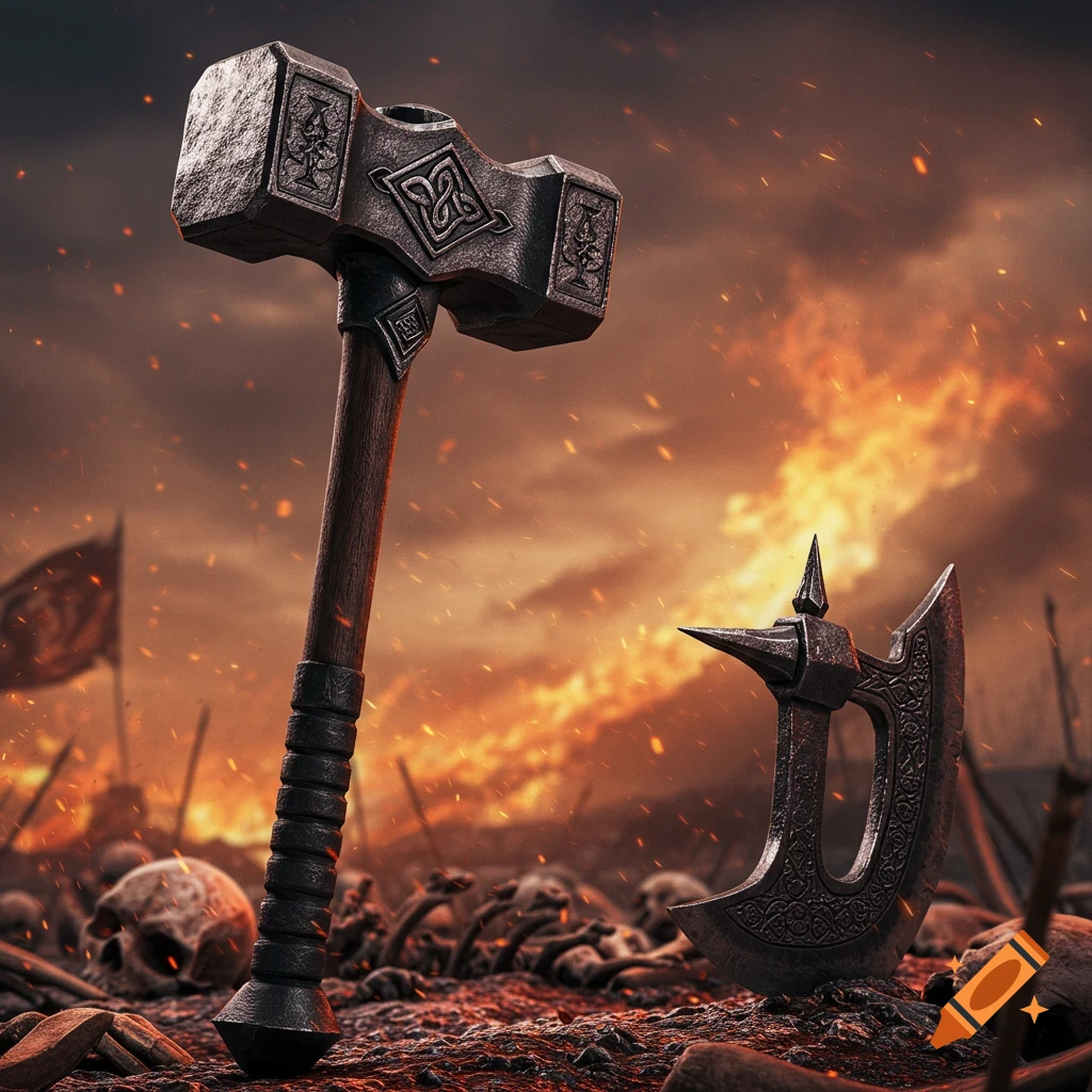 A detailed battle hammer and axe lie on a bone-strewn battlefield under a fiery sky.