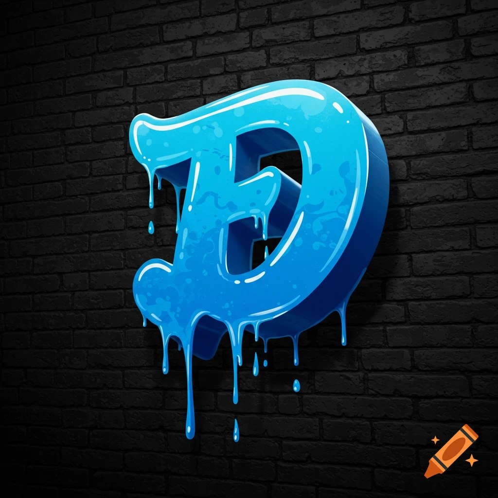 A large blue drippy graffiti letter D on a black brick wall.