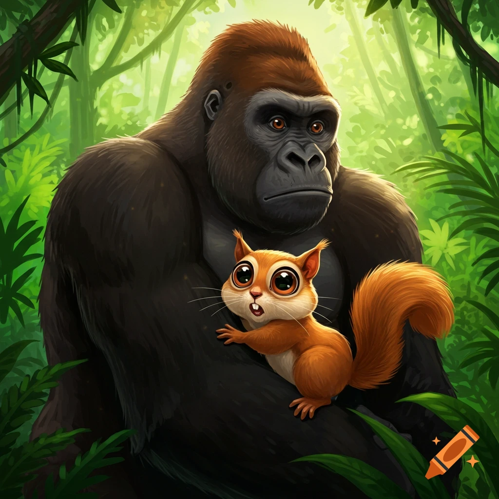 A cute squirrel with big eyes hangs onto the shoulder of a large gorilla in a lush jungle.