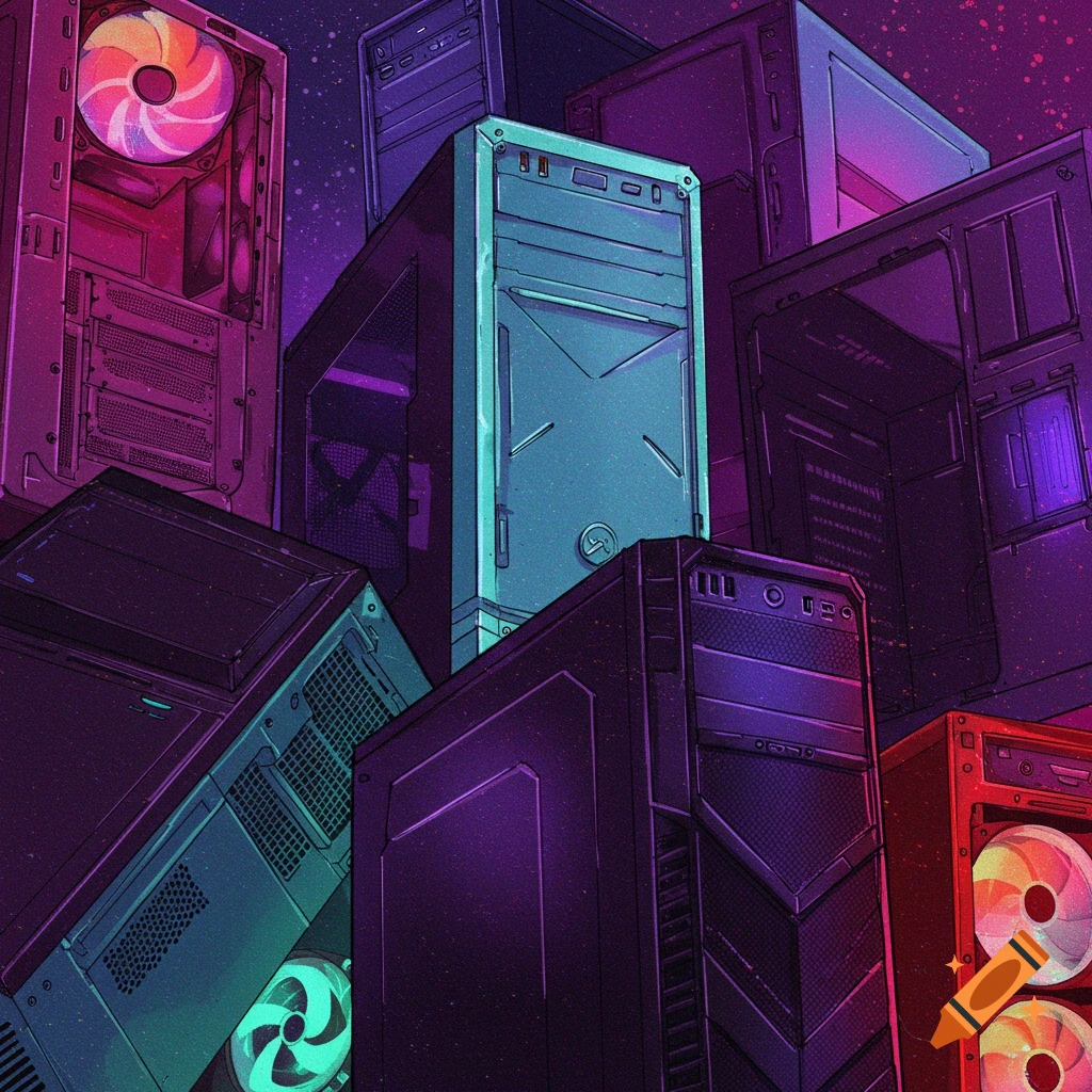 Computer tower cases in vibrant colors with a starry background.